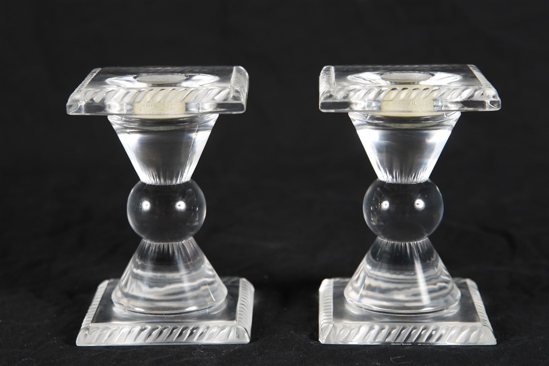Lalique, Pair of "Sophie" Crystal Candlesticks: Lalique (French, established 1888). "Sophie" candlesticks. Crystal. Height: 4 3/4", Length: 3 1/8", Depth: 3 1/8". Pair of crystal "Sophie" candlesticks. Etched Lalique signature to the bottom of both