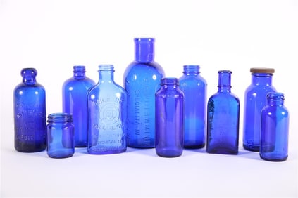 Collection of Ten Cobalt Blue Bottles