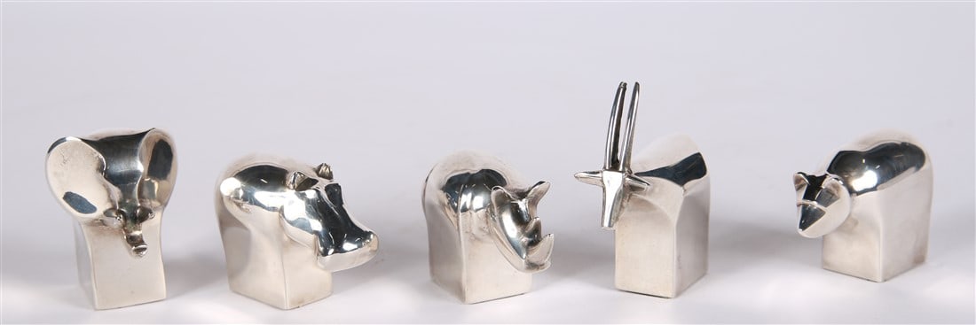 Dansk, Set of Five Silverplate Animal Paperweights: Dansk (Danish, established 1954). Silverplate. Elephant: Height: 2 1/4", Length: 2 1/4", Depth 1 5/8". Antelope: Height: 3", Length: 2 1/8", Depth 7/8". Bear: Height 1 3/4", Length: 2 1/2", Depth 1".