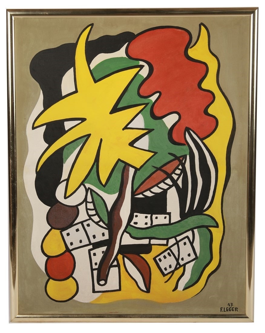 After Fernand Leger, "Composition aux Dominos": After Fernand Leger (French, 1881-1955). "Composition aux Dominos". Acrylic. Frame: 38 1/2" x 30 1/4". Sight: 36 1/4" x 28 1/4". Acrylic on canvas copy of a work by Fernand Leger. Depicts an abstract