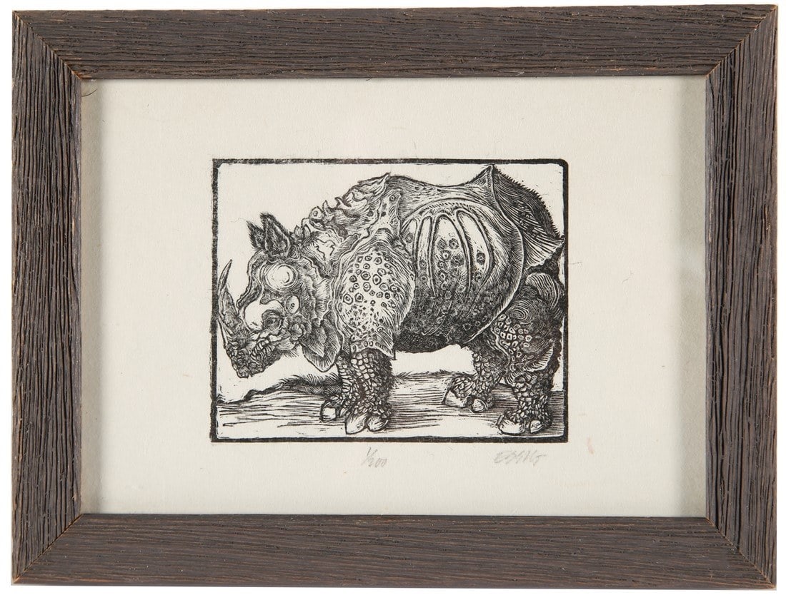 After Albrecht Durer, Woodblock Rhino Print: Woodcut. Edition: 1/200. Frame: 6 1/8" 8 1/8". Sight: 4 5/8" x 6 5/8". Woodcut after Albrecht Durer's "Rhinoceros" print. Signed in pencil lower right, "Essig". Edition in pencil to the center.