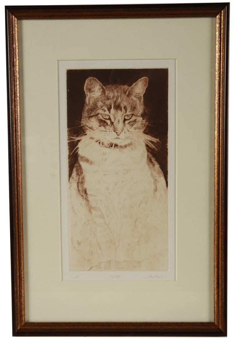 Allan Reid (American), "Cat" Etching: Allan Reid (American, b. 1949). "Cat". Etching. Edition: 27/150. Frame: 15 7/8" x 10 1/2". Sight: 10 5/8" x 5 1/2". Drypoint etching depicting a seated cat. Signed in pencil lower right, titled lower