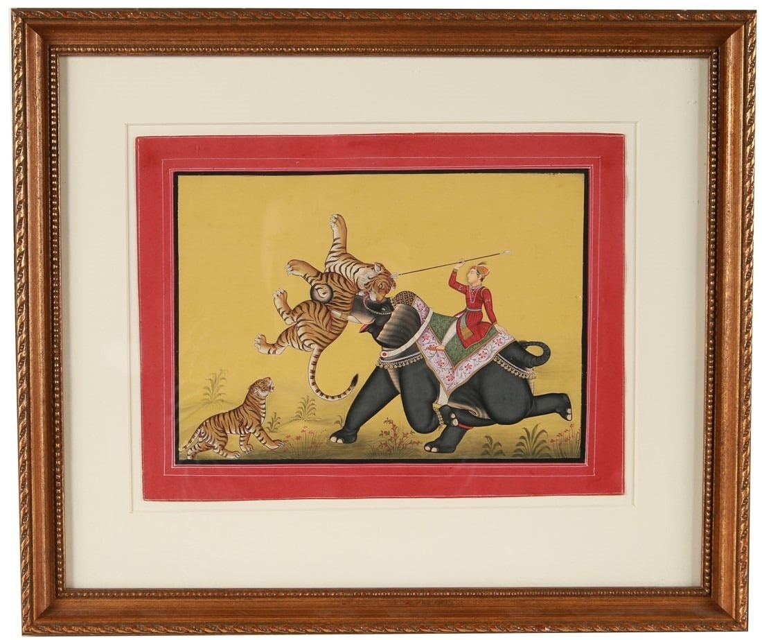 Indian Gouache on Paper, Tiger Hunter: Gouache on paper. Frame: 15 1/4" x 18". Sheet: 9" x 12". Gouache on paper depicting a hunter riding an elephant goring a tiger.
