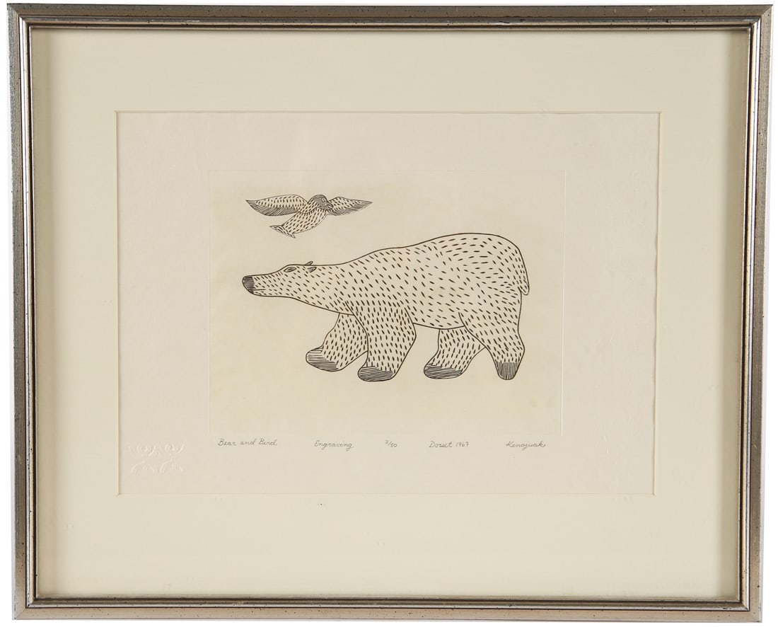 Kenojuak Ashevak, "Bear and Bird" Engraving: Kenojuak Ashevak (Inuit, 1927-2013). "Bear and Bird". Engraving, 1967. Edition: 2/50. Frame: 13 5/8" x 16 5/8". Sight: 8 1/4" x 12". Engraving depicting a bear with a flying bird above it. Signed, tit