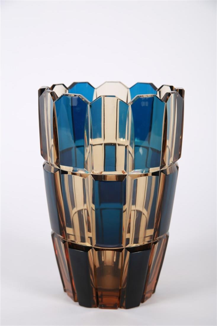 Val St. Lambert, Crystal Vase: Val St. Lambert (Belgian, established 1826). Crystal. Height: 9", Diameter: 6". Blue and light brown crystal vase. Marked with designer signature at bottom.