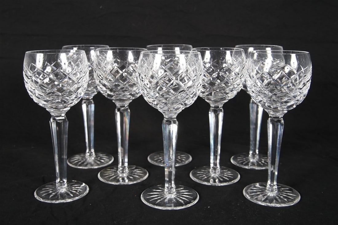 Waterford, "Comeraugh" Eight Hock Wine Glasses: Waterford (Irish, established 1783). "Comeraugh" hock wine glasses. Crystal. Height: 7 1/2". Collection of eight hock wine glasses in the "Comeraugh" pattern. Etched Waterford insignia to the undersid