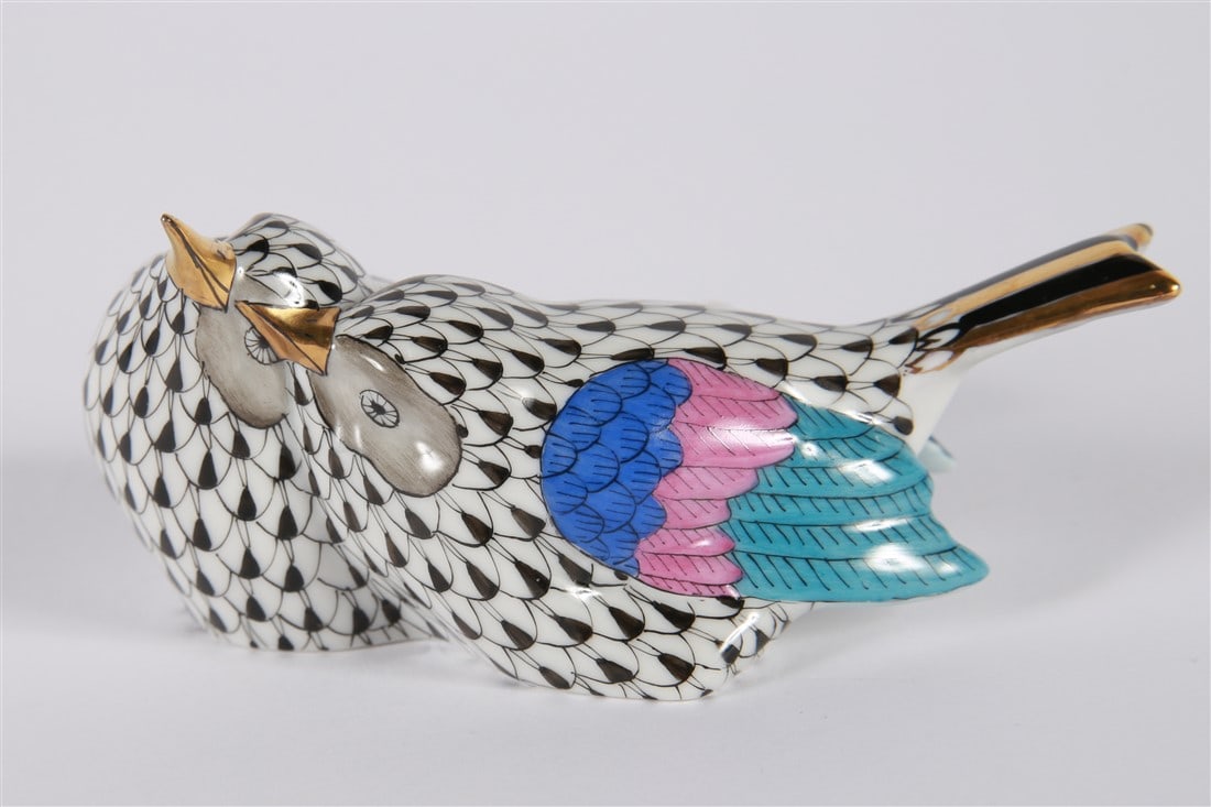 Herend, Porcelain Black Fishnet Love Birds: Herend Porcelain (Hungarian, established 1826). Porcelain, 2002. Height: 2 1/8", Length: 4 1/2", Depth: 2". Porcelain black and white fishnet painted lovebirds. Multicolor wings. Marked "August 6, 200