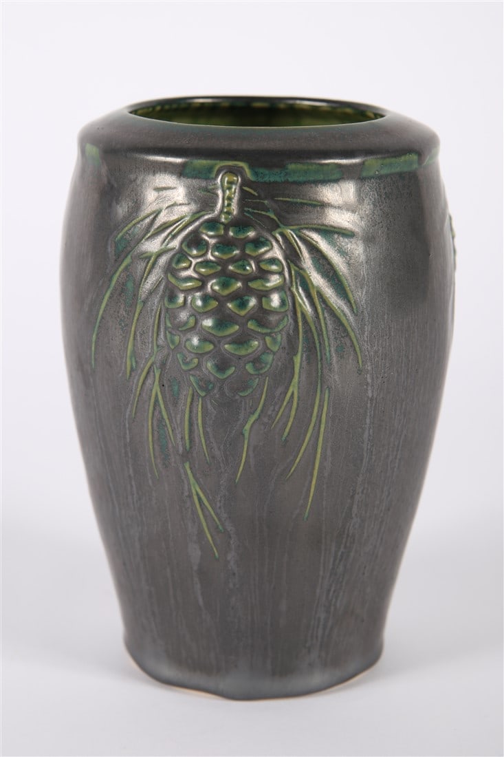 Pewabic, Black "Pinecone" Vase: Pewabic Pottery (American, established 1903). "Pinecone" vase. Ceramic. Height: 7", Diameter: 4 1/2". Pewabic pinecone vase with black/green glaze. Slip cast and glazed by Pewabic artisans. Marked "Pe