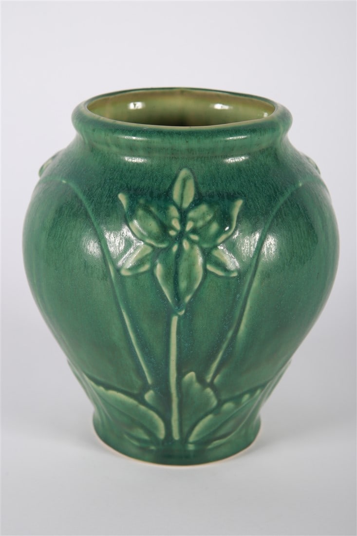 Pewabic, Green Ceramic Trillium Vase: Pewabic Pottery (American, established 1903). "Trillium" vase. Ceramic, 2016. Height: 8", Diameter: 6 1/2". Green Pewabic vase with trillium flower relief. Marked "Pewabic, Detroit, 2016" at bottom.