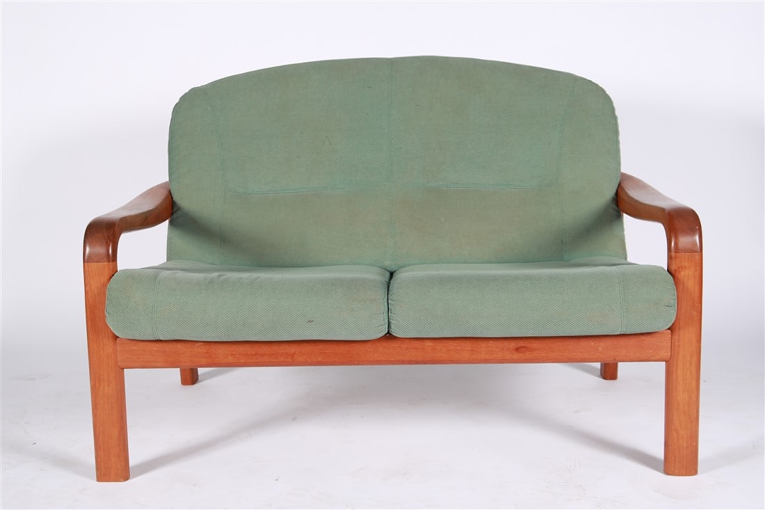 Holstebro Mobelfabrik, Teak Settee: Holstebro Mobelfabrik A/S (Danish). Teak, upholstery. Height: 34 1/2", Length: 50 3/4", Depth: 28". Teak upholstered settee by Holstebro Mobelfabrik, made in Denmark. Marked to the underside with labe