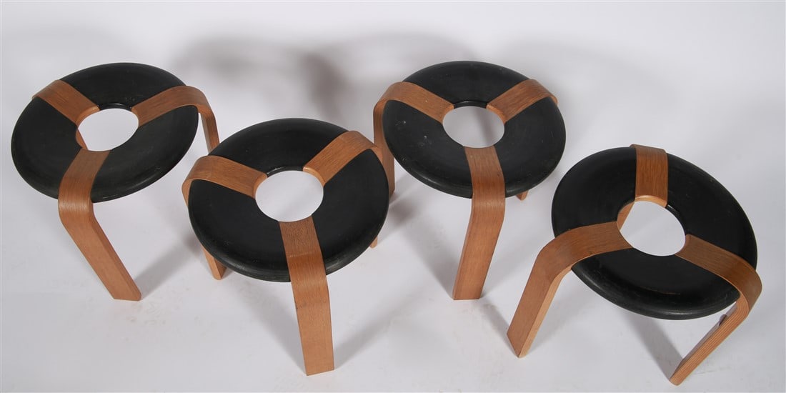 Thygesen/Sorensen, Set of Four "Doughnut" Stools: Rud Thygesen, Johnny Sorensen. Four "Doughnut" or "Donut" stools. Beech wood, 1970s. Designed for Magnus Olesen. Height: 14", Diameter: 14". A set of four Danish modern "Doughnut" or "Donut" stools fe
