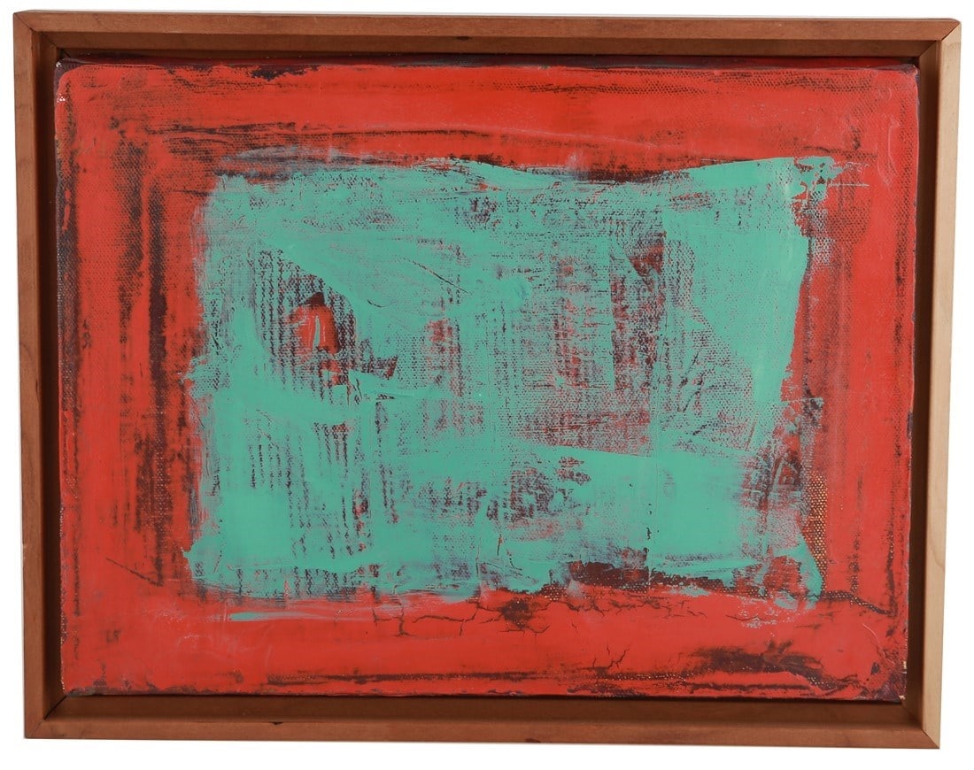 Abstract Orange and Turquoise Painting: Acrylic. Frame: 10 1/4" x 13". Sight: 9" x 12". Abstract acrylic painting in a wood frame. Wire at the back for hanging. Appears unsigned.