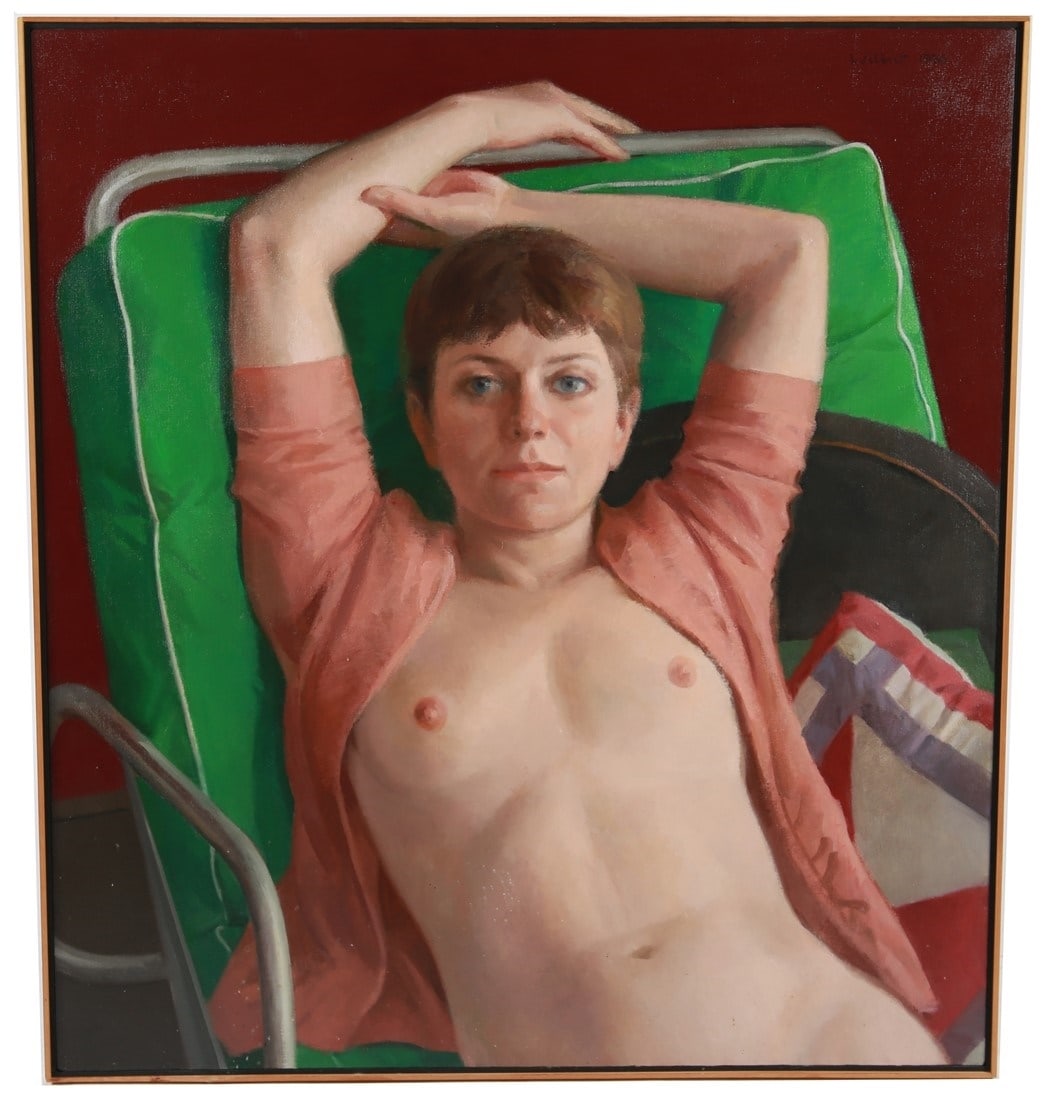 Robert Wilbert, "Mary on Green Lounge" Oil: Robert Wilbert (American, 1929-2016). "Mary on Green Lounge". Oil on canvas, 1986. Frame: 45 1/8" x 41 3/8". Canvas: 44 1/8" x 40 3/8". Oil on canvas titled "Mary on Green Lounge" by Detroit Cass Corr