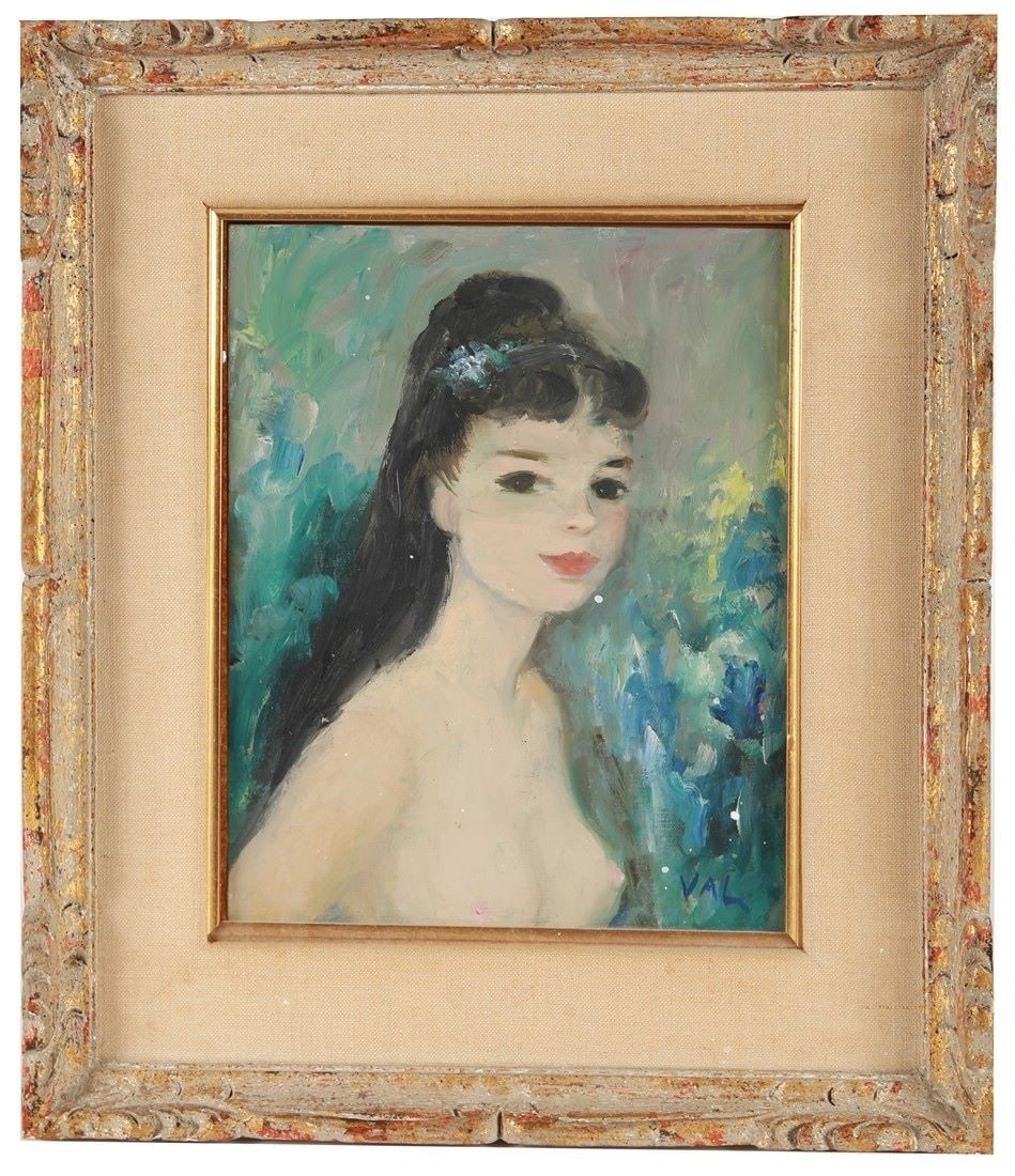 Mid-Century Oil on Board Portrait: Signed "Val". Oil on board, c. mid-20th century. Frame: 15" x 13". Sight: 9 3/4" x 7 3/4". Framed oil painting of a young woman. Signed "VAL" at lower right. Framed in a worn gilt frame with tan linen