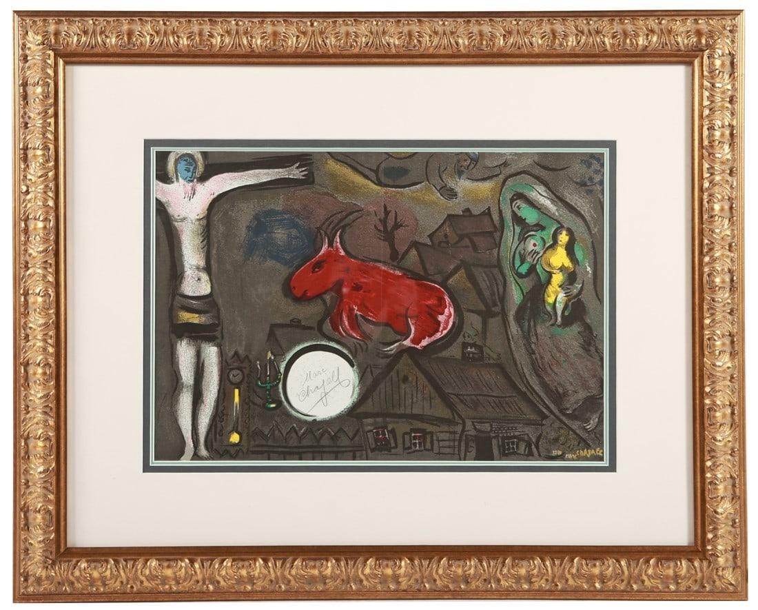 Marc Chagall, "La Crucifixion Mystique" Litho: Marc Chagall (Russian/French, 1887-1985). "La Crucifixion Mystique". Lithograph, 1950. Frame: 26" x 32". Sight: 13 1/2" x 19 1/2". Framed lithograph titled "La Crucifixion Mystique" by Marc Chagall. A