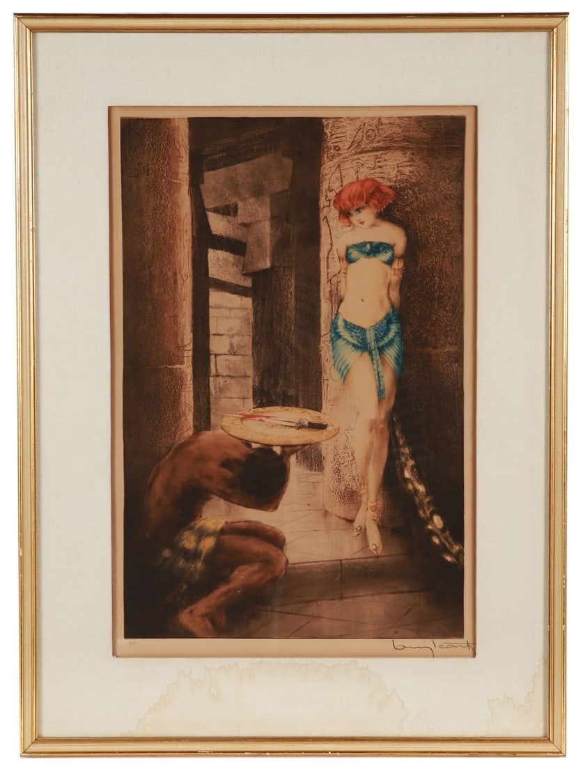 Louis Icart, "Salome" Drypoint Etching: Louis Icart (French, 1888-1950). "Salome". Drypoint etching. Frame: 29 1/4" x 21 3/4". Sight: 21 1/4" x 14 1/4". Etching depicting the biblical Salome observing the dagger used to murder John the Bapt