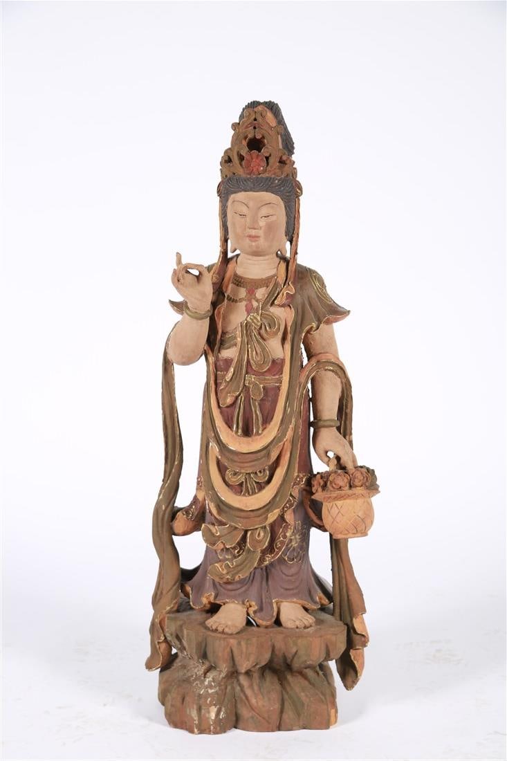 Polychrome Wood Guanyin Figure: Polychrome wood. Height: 35", Length: 14", Depth: 9". Polychrome wood figure, possibly Guanyin.
