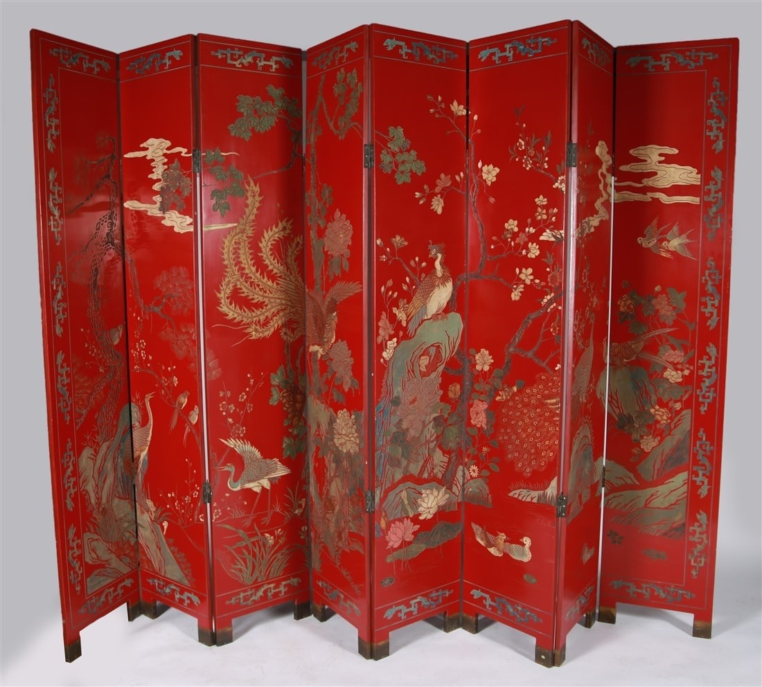 Red Eight-Panel Asian Room Screen (1 of 6)