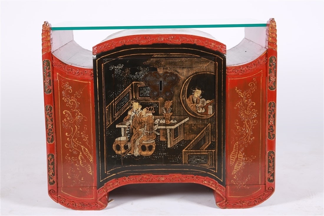 Red Chinoiserie Chest with Glass Top: Wood, glass. Height: 24 1/4", Length: 28 1/2", Depth: 20 1/4". Red and gold painted chinoiserie style low table or chest. Single door to the front, unable to open. Removable glass top.