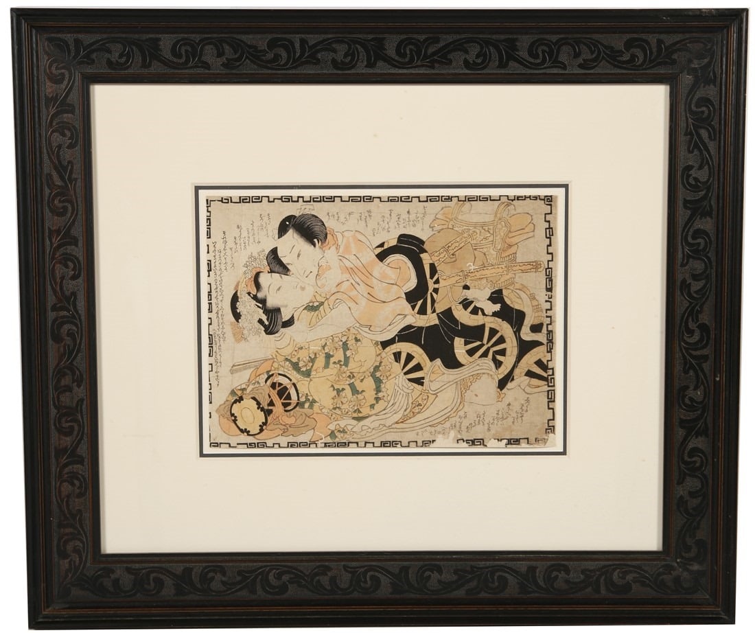 Keisai Eisen, Shunga Woodblock Print: Keisai Eisen (Japanese, 1790-1848) Woodblock. Frame: 23 1/2" x 27 1/4". Sight: 9 3/8" x 13 5/8". Japanese shunga print. Framed in a black frame with ivory matting and a wire at back for hanging.