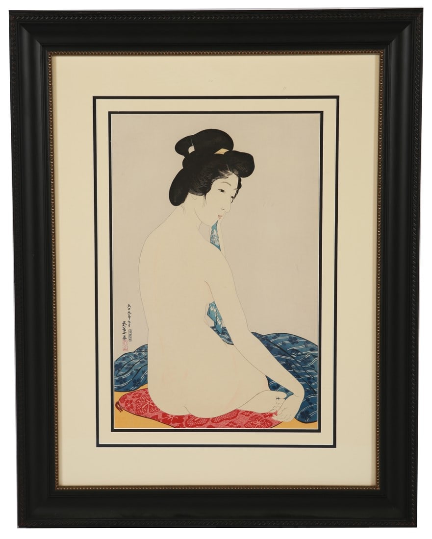 Hashiguchi Goyo, "Woman After the Bath": Hashiguchi Goyo (Japanese, 1880-1921). "Woman After the Bath". Woodblock. Frame: 28 1/4" x 21 5/8". Sight: 17 1/2" x 10 3/4". Framed Japanese woodblock printed titled "Woman After the Bath". Framed in