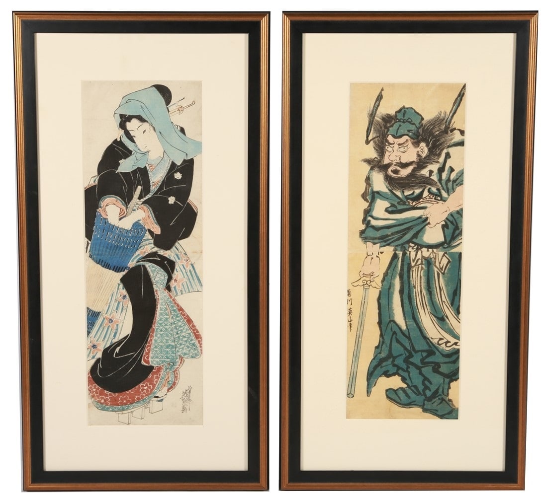 Eisen and Eizan, Two Japanese Woodblock Prints: Woodblock. Frames: 39 1/4" x 20 1/4".each. Sight: 28" x 9 1/4" each. Two Japanese woodblock prints. One print by Keisai Eisen (Japanese, 1790-1848) depicting a woman opening an umbrella. One print by