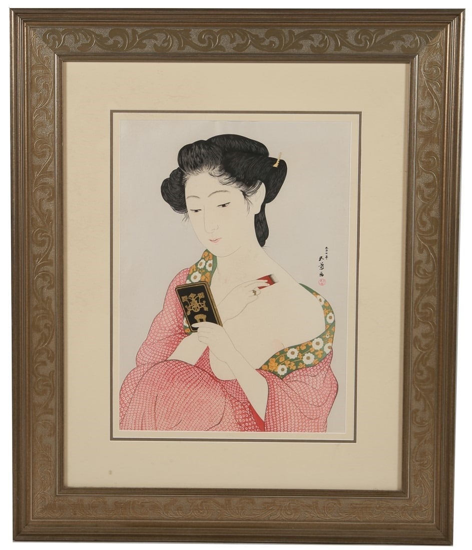 Hashiguchi Goyo, "Woman Applying Powder": Hashiguchi Goyo (Japanese, 1880-1921). "Woman Applying Powder". Woodblock. Frame: 29 1/4" x 24 1/4". Sight: 17 1/4" x 12 3/8". Framed woodblock print titled "Woman Applying Powder". Framed in a gold f