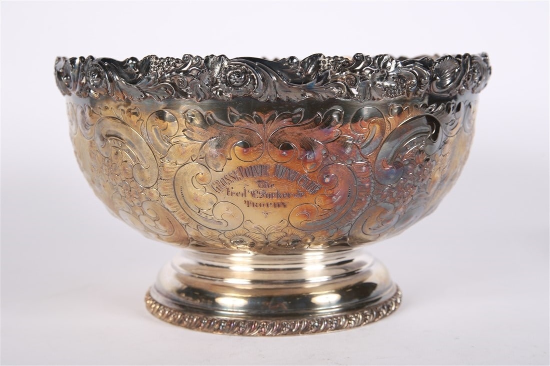 Grosse Pointe Hunt Club Silver Plate Trophy Bowl: Silver plate. Height: 7 1/4", Diameter: 12". English silver plated trophy bowl. Engraving to the side reads: "Grosse Pointe Hunt Club / The Fred W. Parker Jr. Trophy".