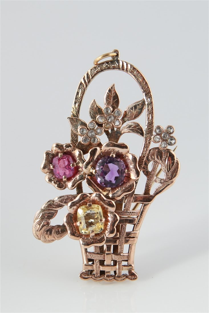 10k Rose Gold Basket Brooch Pendant: One multi-stone basket combination brooch and pendant made of 10 karat rose gold. Set with (1) round cut amethyst, (1) cushion cut yellow sapphire, (1) cushion cut ruby, and (18) round cut white