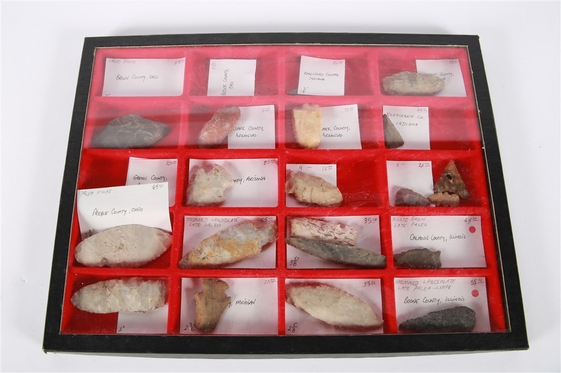 Collection of Twenty-One Points: Box: 12 1/4" x 16 1/4". Lined display box containing 21 points of various sizes and materials.