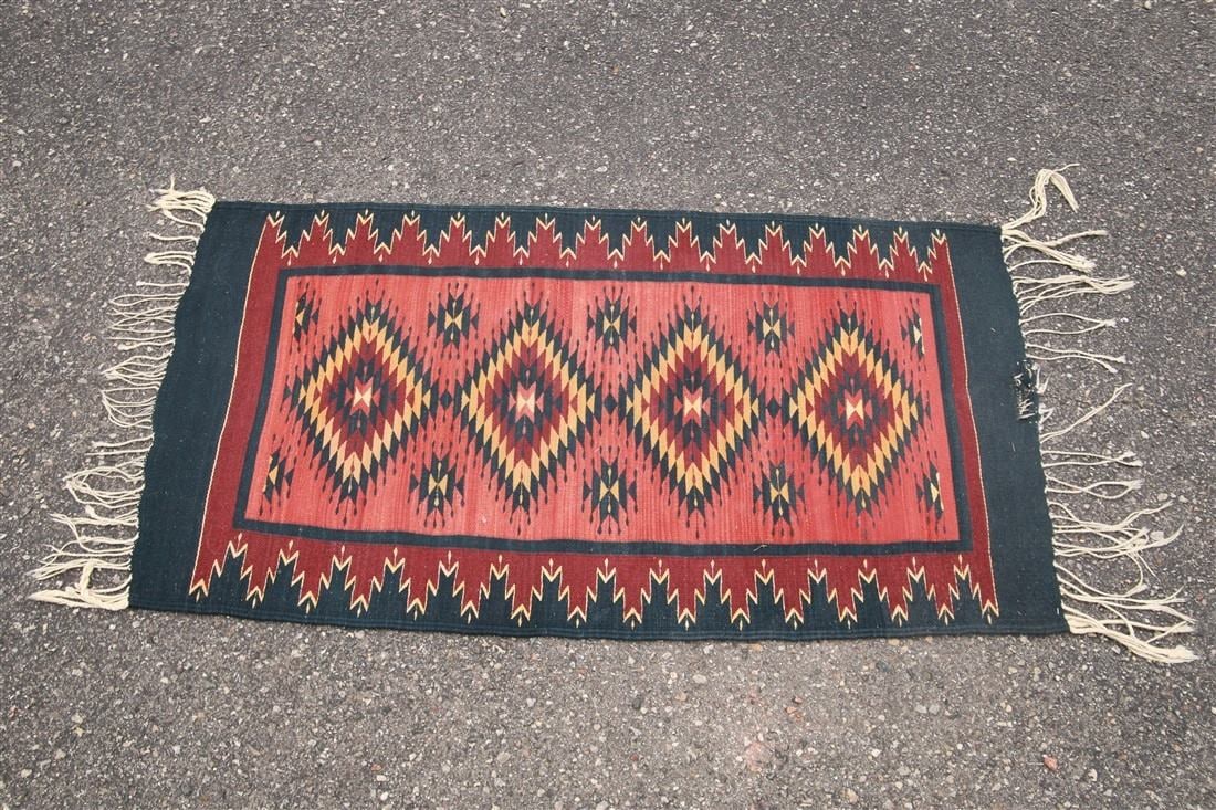 Turkish Flat Weave Rug, c. 1990s: Turkey. Hand-spun wool, c. 1990s. 4'8" x 2'5". Turkish flat-weave wool rug with geometric patterning.