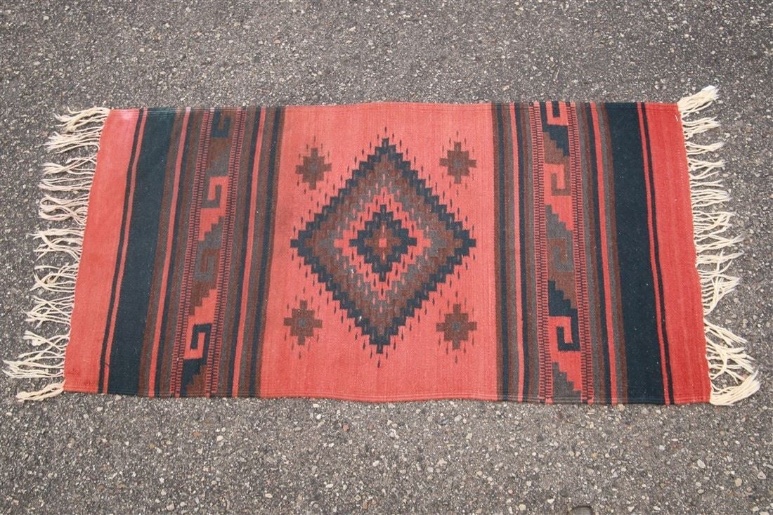 Turkish Flat-Weave Rug, c. 1960s-70s: Turkey. Wool, c. 1960s-70s. 4'10" x 2'5". Flat-weave Turkish rug with geometric patterning.