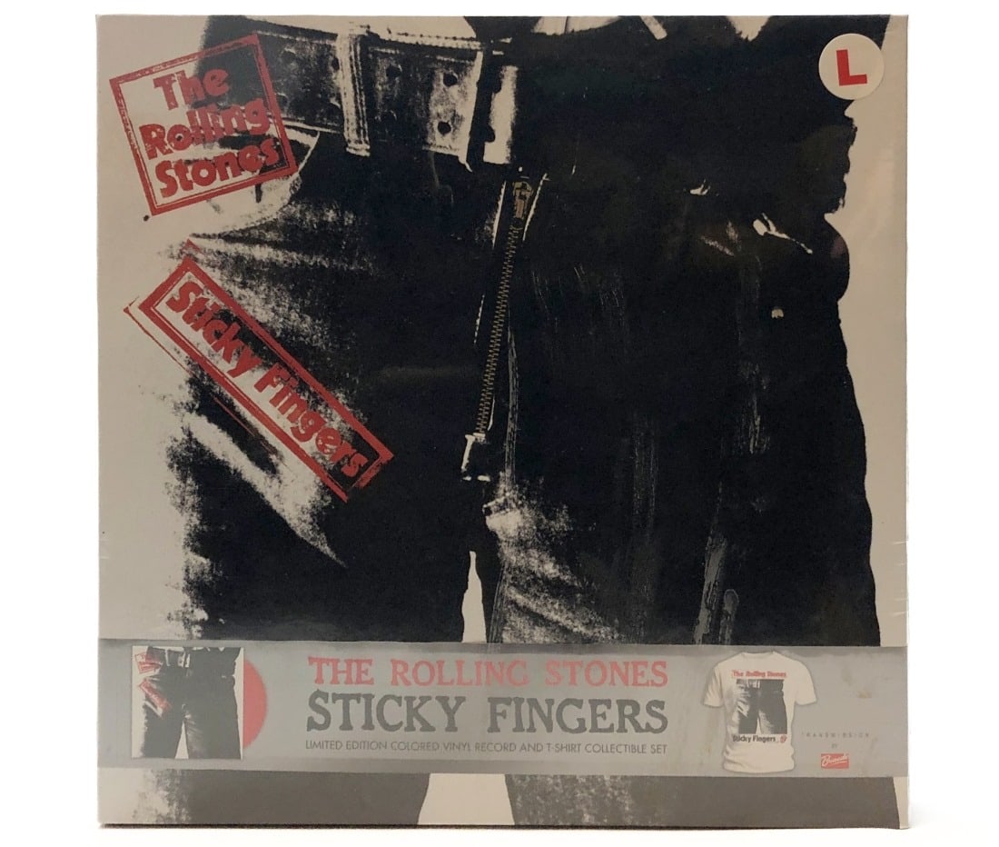 The Rolling Stones/Sticky Fingers Vinyl + T Shirt: The Rolling Stones/Sticky Fingers. Limited edition colored vinyl record and t-shirt collectible set. Size large. Sealed.