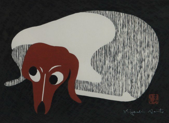 Kiyoshi Saito (1907-1997), Dachshund: Kiyosyhi Saito (Japanese, 1907-1997). Dachshund. Woodblock print. Signed in white lower right with brown seal. Plate 10" x 15", frame 17" x 21 1/4". Condition: Appears fine.