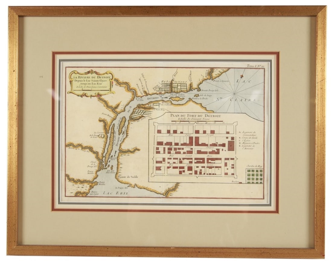 Jacques-Nicolas Bellin, "La Riviere du Detroit ..": Jacques-Nicolas Bellin (French, 1703-1772). "La Riviere du Detroit depuis le Lac Sainte Claire jusqu'au Lac Erie". Hand-colored engraving. Frame: 15 1/2" x 19 3/4". Sight: 8 3/4" x 12 3/4". Hand-color