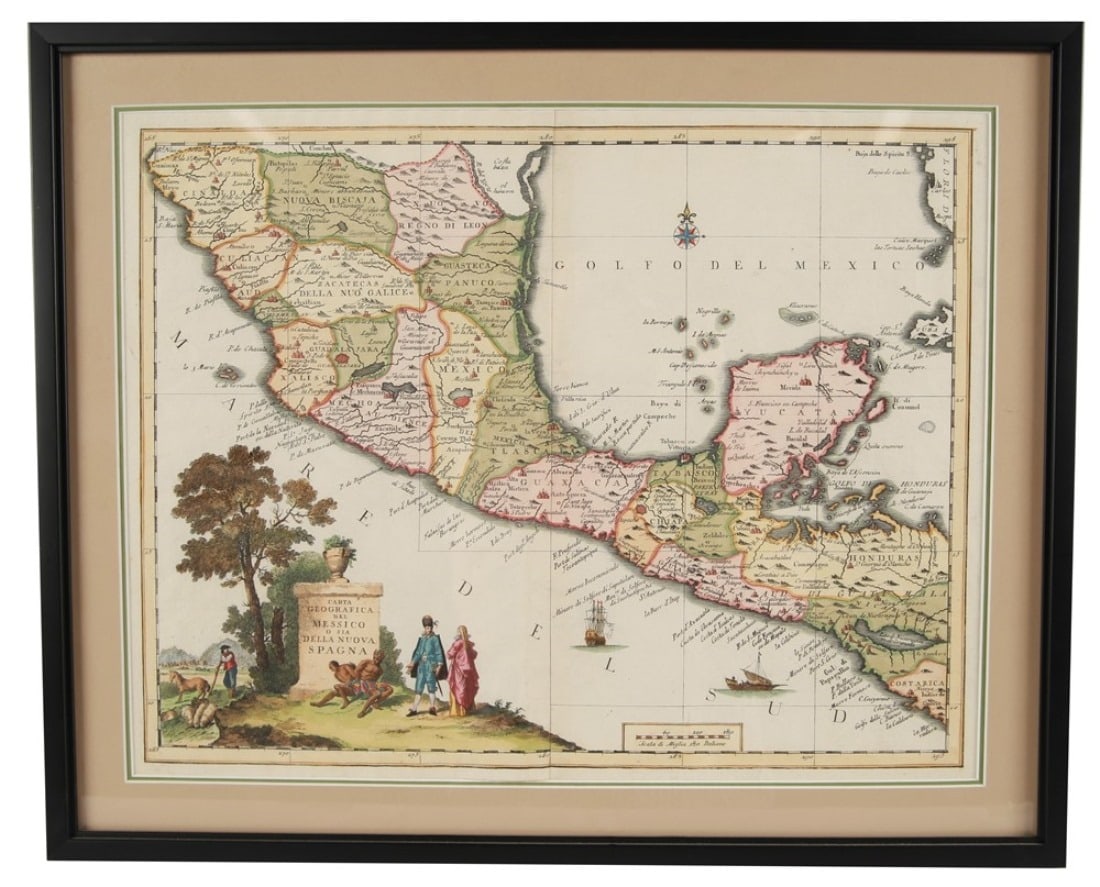 Guillaume de l'Isle, Carta Geografica Del Messico: Guillaume de l'Isle (French, 1675- 1726). "Carta Geografica Del Messico O Sia Della Nuova Spagna". Hand-colored engraving. Frame: 17" x 20 3/4". Sight: 13 1/2" x 17 1/4". Hand-colored map of Mexico by