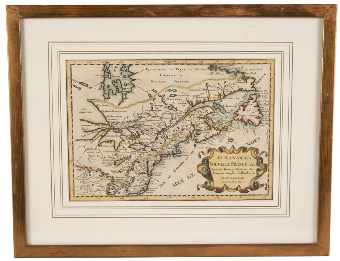 Nicolas Sanson d'Abbeville, "Le Canada ... " Map: Nicolas Sanson d'Abbeville (French, 1600-1667). "Le Canada, ou Nouvelle France". Hand-colored engraving. Frame: 14 5/8" x 18 1/2". Sight: 8 1/4" x 11 3/4". Hand-colored map by Nicolas Sanson d'Abbevil