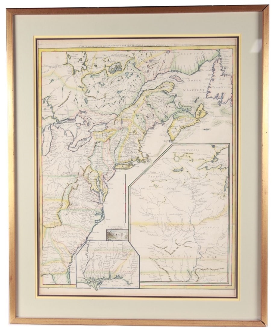 George-Louis Le Rouge, Hand-Colored Map: George-Louis Le Rouge (French, 1712-1790). "Carte d'une Partie de l'Amerique Septentrionale pour servir a l'Histoire de la dernier Guerre". Hand-colored map. Frame: 31 1/4" x 25 1/4". Sight: 25" x