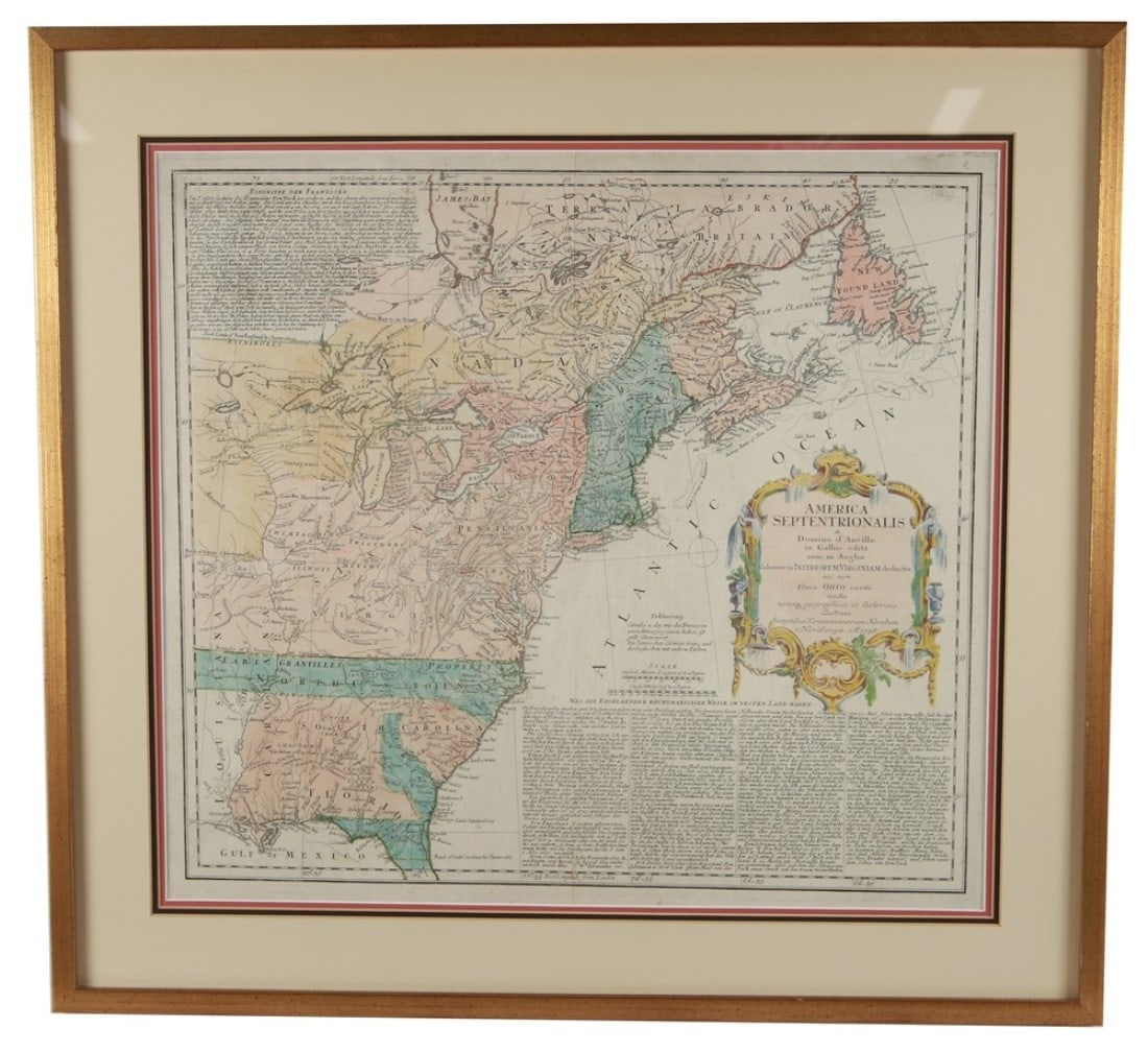 Homann Heirs, "America Septentrionalis" Map: Johann Baptiste Homann/Homann Heirs (Publishing House) (German, 1730-1848). "America Septentrionalis". Hand-colored engraving. Frame: 25 1/4" x 26 3/4". Sight: 19" x 20 5/8". A map of North America