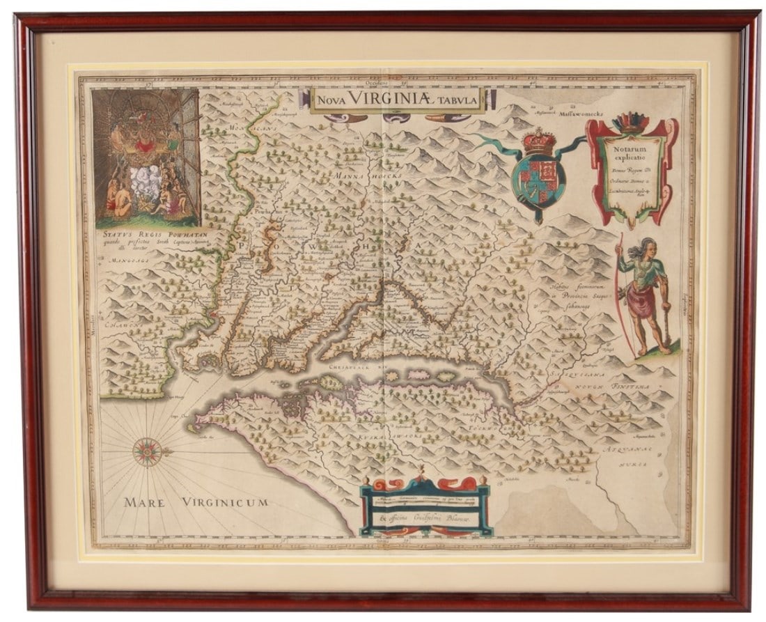 William Janszoon Blaeu, "Nova Virginia Tabula" Map: Willem Janszoon Blaeu (Dutch, 1571-1638). "Nova Virginia Tabula". Hand-colored engraving. Frame: 18 1/2" x 22 1/2". Sight: 15 1/2" x 19 1/4". Hand-colored map depicting 17th century Virginia and the C