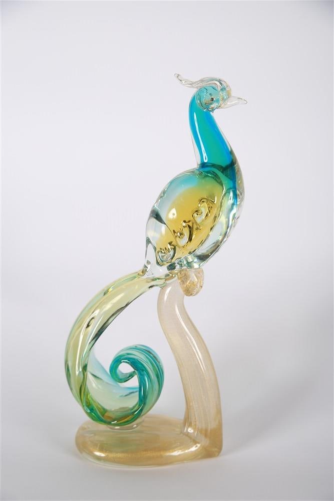 Alfredo Barbini, Murano Glass Bird of Paradise: Alfredo Barbini (Italian, 1912- 2007). Glass. Height: 11 3/4", Length: 5", Depth: 3". Murano glass sculpture by the artist Alfredo Barbini. Blue and yellow glass Bird of Paradise on a speckled gold