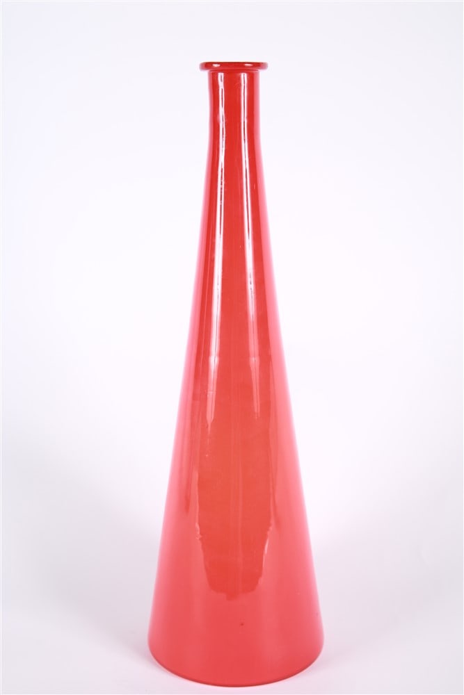Empoli Style Red Glass Vase: Glass. Height: 17 3/4", Base Diameter: 5 1/4". Mid-century red glass vase with white interior.