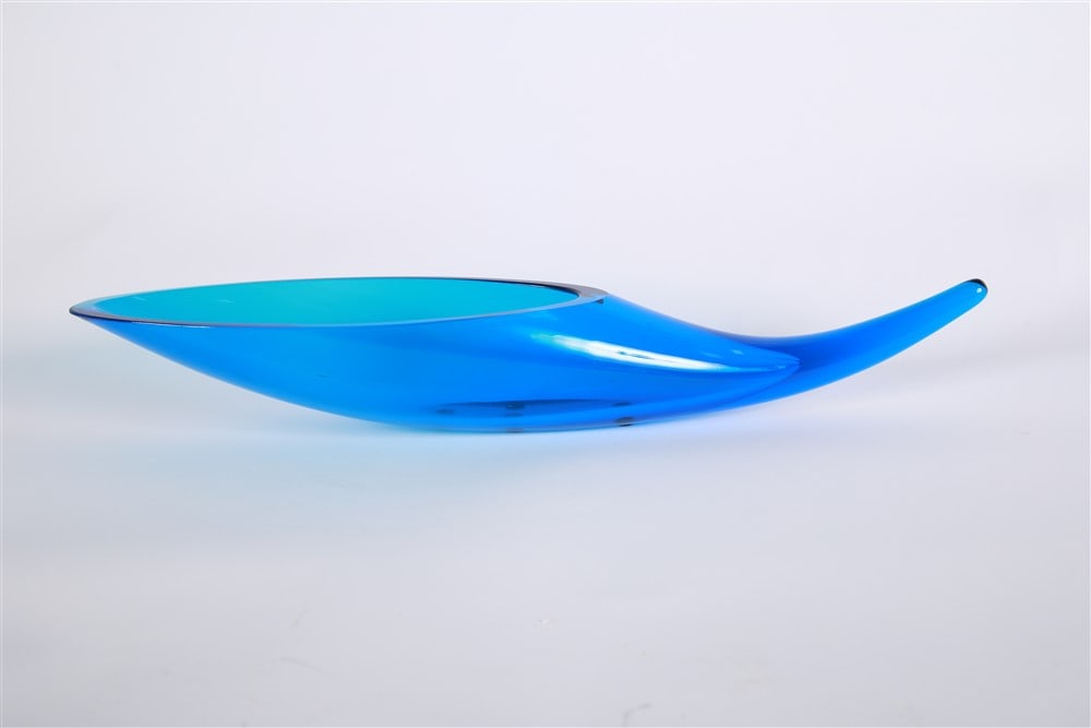 Attrib. Blenko, Blue Glass Horn Vase: Attributed to the Blenko Glass Company (American, established 1893). Glass. Height: 3", Length: 20", Depth: 4 5/8". Mid-century blue glass horn shaped vase.