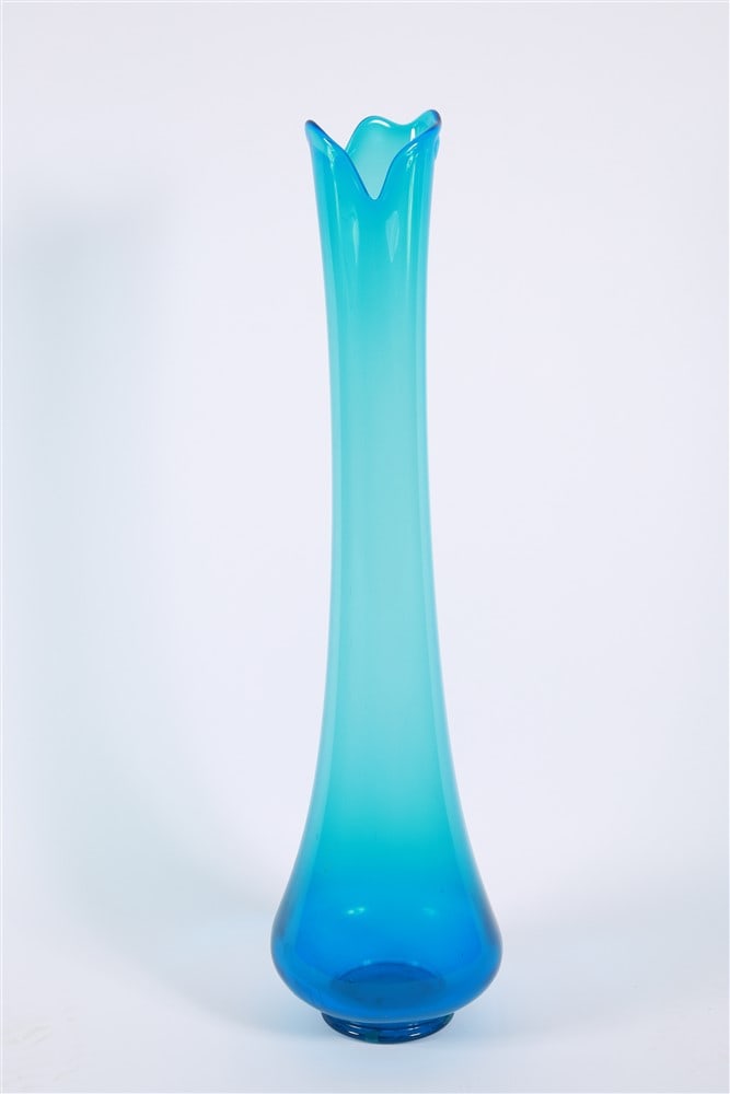 Blue Swung Glass Floor Vase: Glass. Height: 34 1/2", Diameter: 8". Blue mid-century swung glass floor vase.