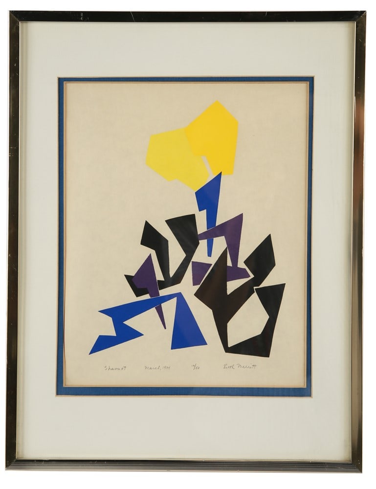 Ruth Merritt, "Shavuot" Lithograph: Ruth Merritt (American, 20th century). "Shavuot". Lithograph, 1974. Edition: 19/50. Frame: 16 5/8" x 12 3/8". Sight: 10 3/4" x 8 1/2". Framed lithograph titled "Shavout" by artist Ruth Merritt. The