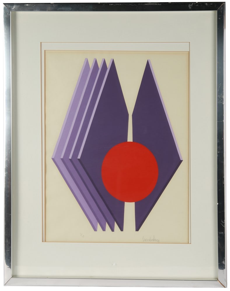 Framed Geometric Serigraph: Signed "Bandenburg" or "Brandenburg". Serigraph. Edition: 3/10. Frame: 30 1/4" x 25 1/8". Sight: 20 1/2" x 16 3/8". Framed print of purple and red geometric shapes. Signed "Bandenburg" at lower right 