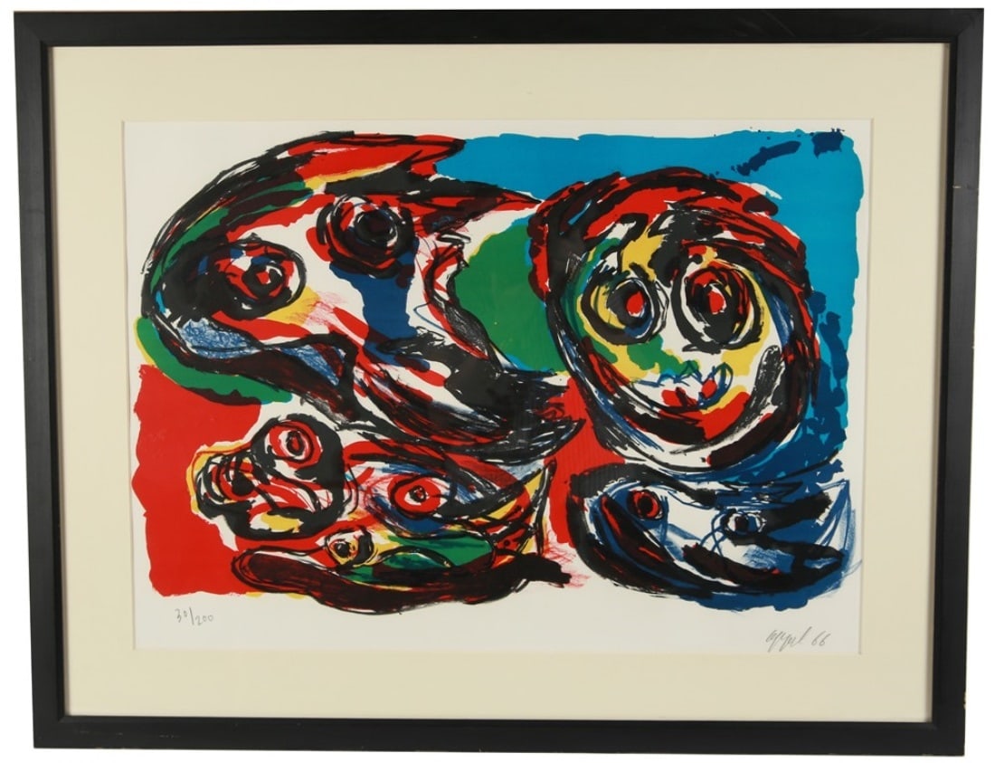 Karel Appel, "Four Heads" Lithograph: Karel Appel (Dutch, 1921-2006). "Four Heads". Lithograph, 1966. Edition: 30/200. Frame: 27" x 34 1/2". Sight: 19 1/2" x 26 3/4". Framed lithograph titled "Four Heads" by artist Karel Appel. Signed