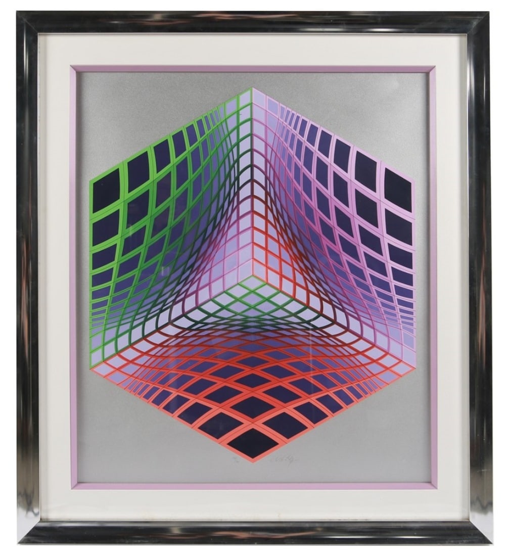 Victor Vasarely, "Test Tarka" Screenprint: Victor Vasarely (Hungarian-French, 1906- 1997). "Test Tarka". Screenprint, 1990. Edition: 174/300. Frame: 41 5/8" x 37". Sight: 31 5/8" x 27 1/2". Framed screenprint titled "Test Tarka" by artist Vict