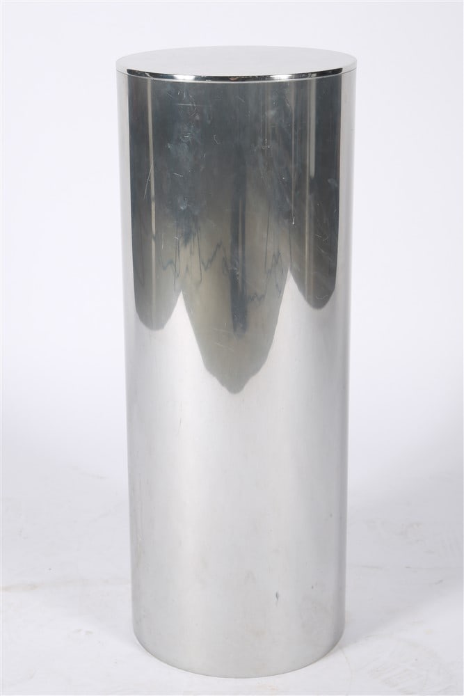 Architectural Supplements, Chrome Pedestal/Table: Paul Mayen (Spanish, 1916-2000). Chromed metal. Designed for Architectural Supplements. Height: 26 1/4", Diameter: 10". Cylindrical pedestal table. Marked "Architectural Supplements, New York, 10021" 