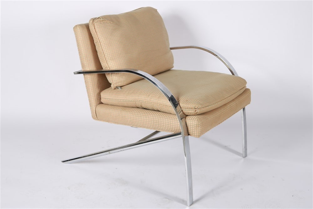 Bernhardt Furniture Co., "Flair" Chrome Armchair: Bernhardt Furniture Co. "Flair" lounge chair. Upholstery, chromed metal. Height: 29", Length: 27", Depth: 31". Upholstered lounge chair on a curved chromed metal frame from the Bernhardt Furniture Co.